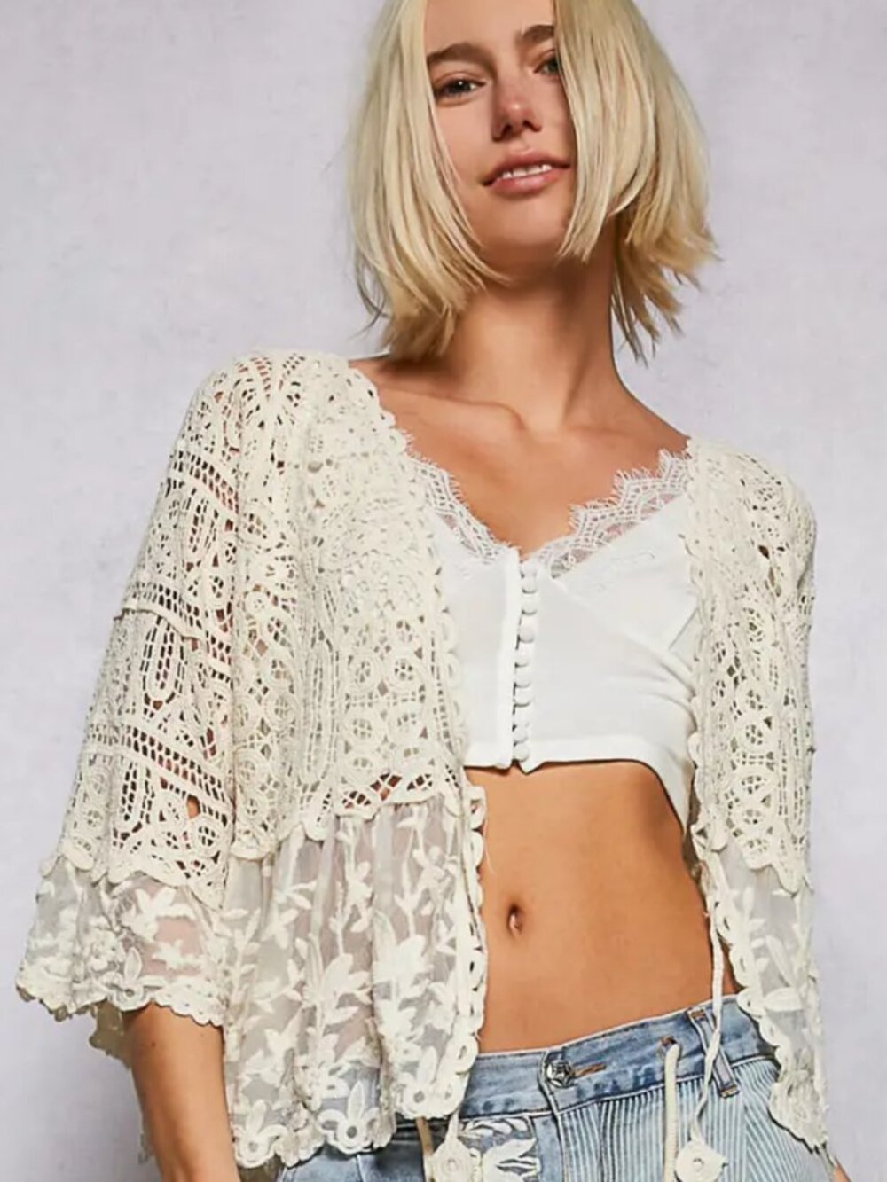 V Neck SS Crochet Floral Lace Cardigan